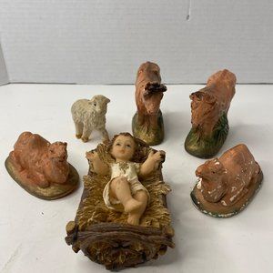 Vintage Baby Jesus nativity figure w/ animals‎ lot cows sheep camel